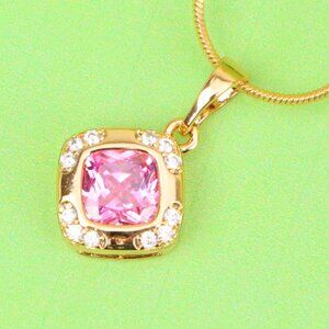 "Pink Cushion Stone Pendant in Gold Plated Brass with Crystal Halo, XPPT1767